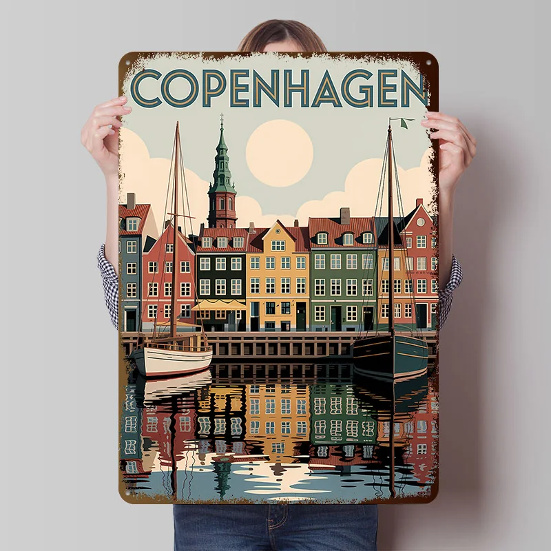 Copenhagen Cityscape With Boats and Reflections Poster Customized Vintage Metal Signs Wall Art Retro Tin Plaque for Wand Deko