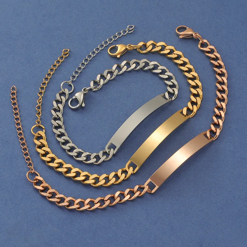 

10pcs/Lot New Arrival Stainless Steel Cuban Chain Bracelet Classic Jewelry Blank Bar Bracelet With Extender Men Women