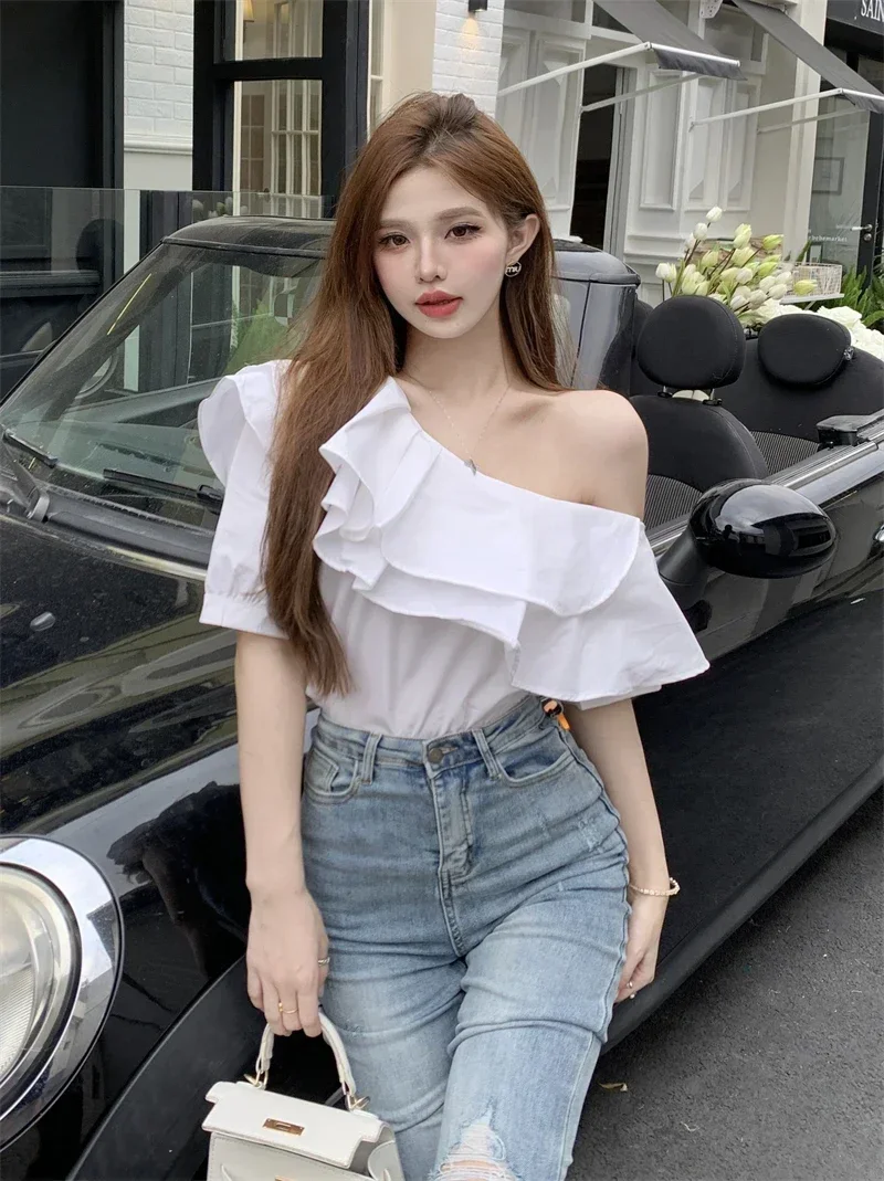 

Elegant Blouse Women Slim Waist Short Sleeve White Blusas De Mujer Skew Collar Ruffled Tops Fashion Loose Korean Blouses