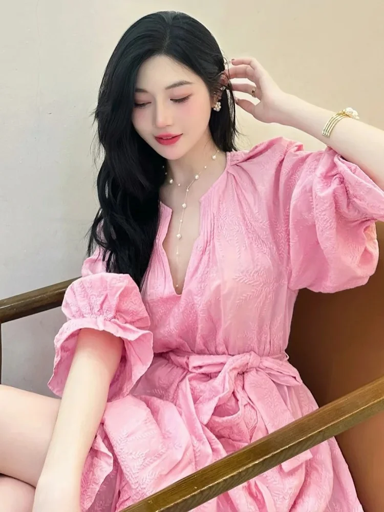 M Home dulce coreano Sle bordado V Ne Tie cintura linterna Sve Dr otoño nueva llegada mujer cintura alta Dr