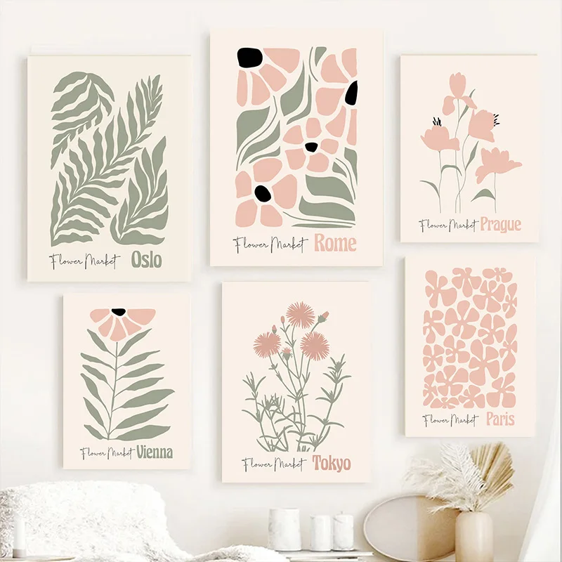 Abstract Flower Market Boho Botanical Canvas Painting Blush Pink Sage Green Floral Posters Wall Art Pictures Living Room Decor