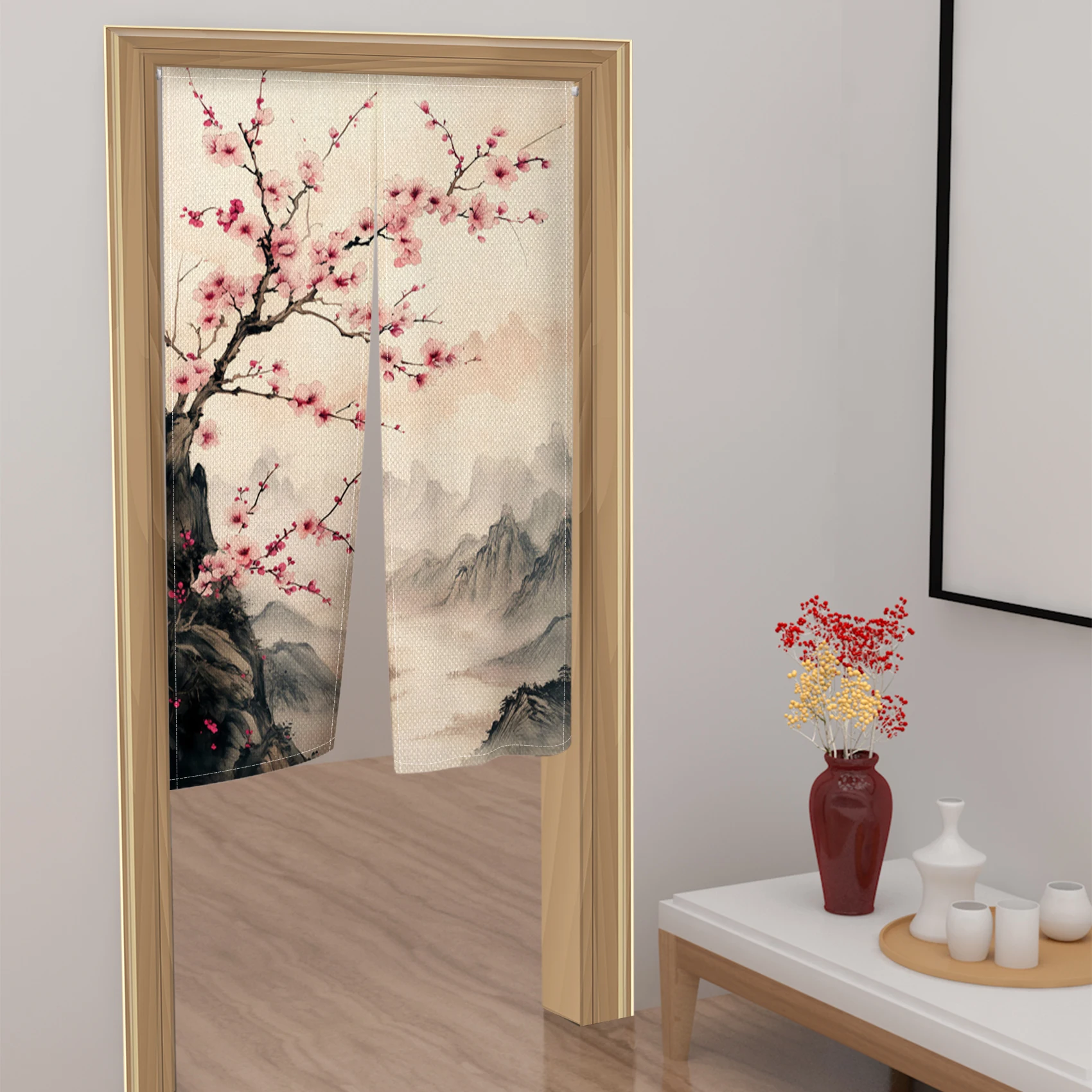 Chinese Style Plum Blossom Door Curtain With Ink Painting Living Room Bedroom Kitchen Decor Privacy Screen Split Half Curtains