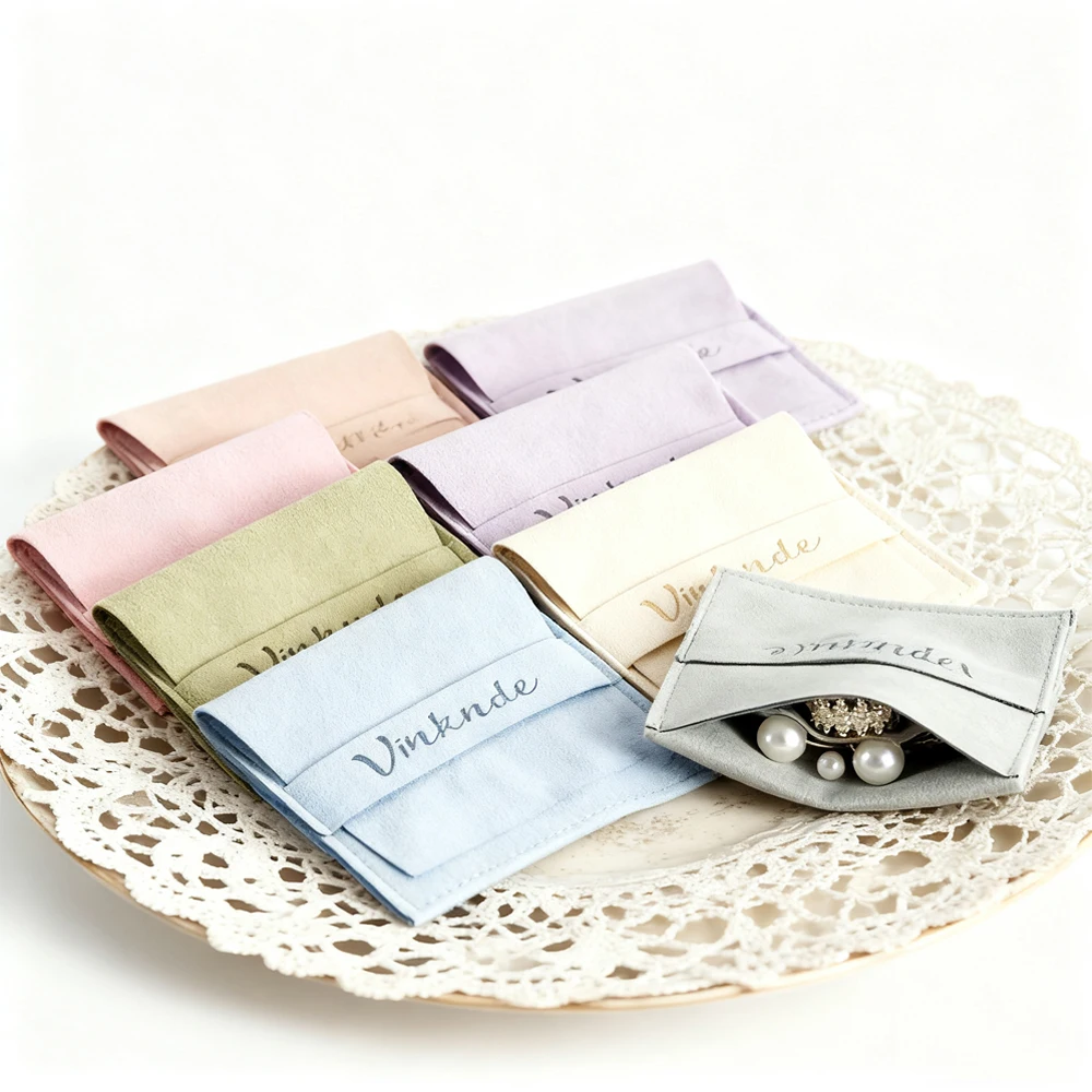 

50Pcs Personalized Logo Jewelry Microfiber Strip Bag Inside With Divider Velvet Suede Flap Pouch Ring Earring Seperately Protect