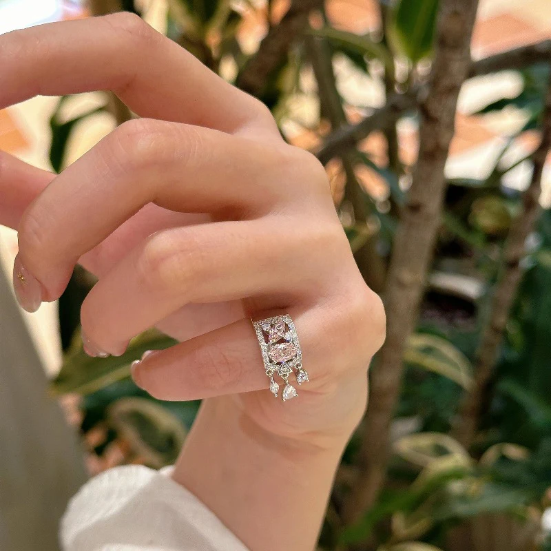 Light luxury exquisite hollow pink gems water droplet tail rings for women silver 925 sweet style tassel ring wedding jewelry