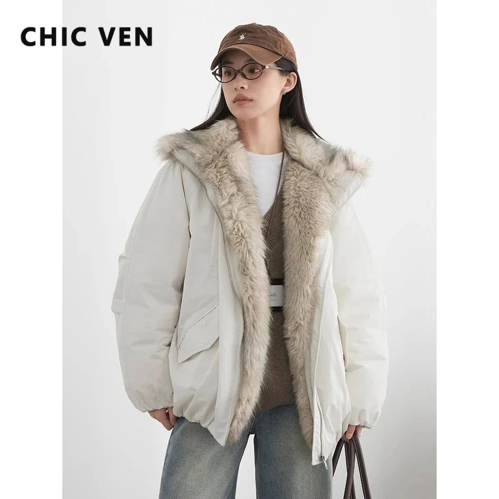CHIC VEN New Women Down Coat Solid Hooded Loose Casual Faux Fur Collar 90 White Duck Down Ladies Down Jacket Autumn Winter 2026