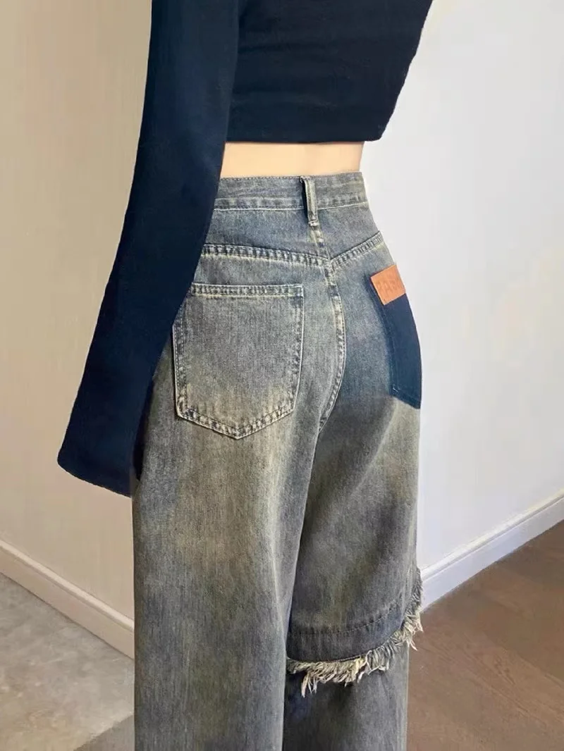

High Waist Wide Leg American Style Retro Hot Girl Denim Jeans Women's Autumn Winter plus Size Fat MM Floor Length Straight Le...