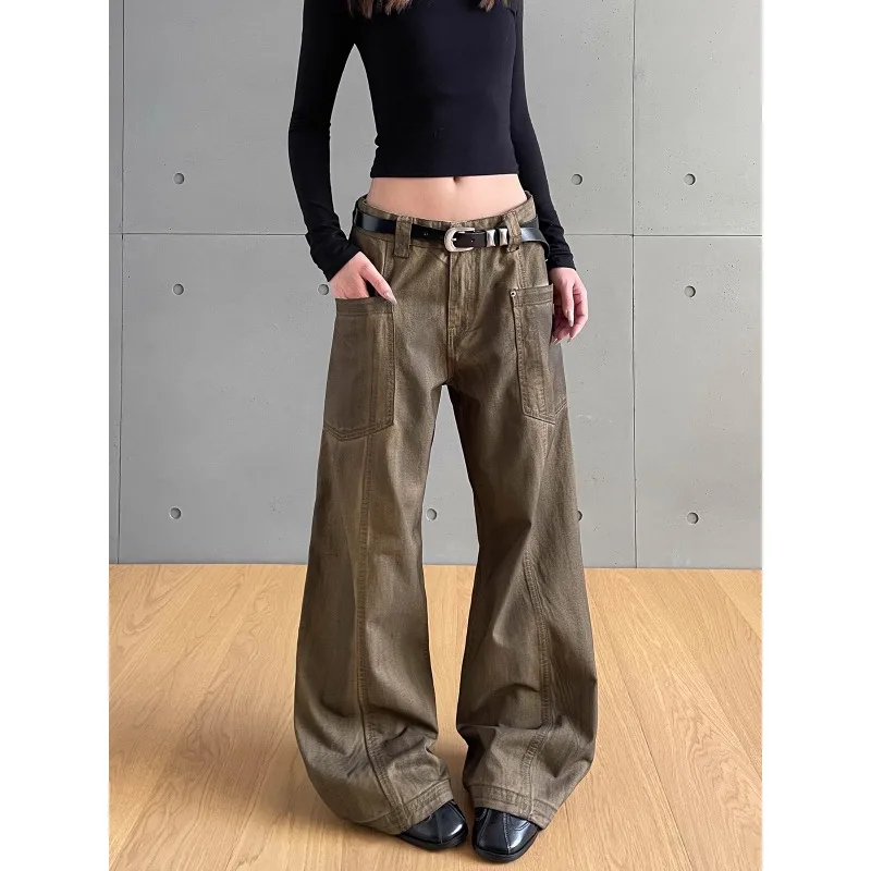 

Женские коричневые готические джинсы большого размера Y2k в стиле Харадзюку, винтажные мешковатые джинсовые брюки, японский стиль 2000-х годов, джинсы-бойфренды, летние брюки
