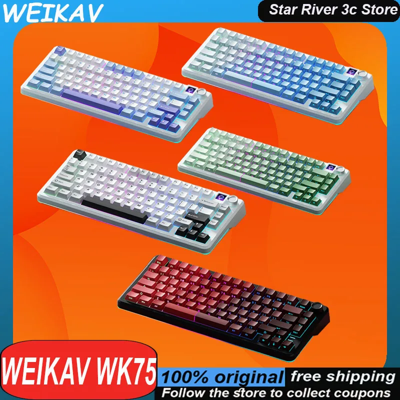 Weikav Wk75 Mechanical Keyboard Tri Mode Wireless Ergonomics GASKET Structure With Knob Hot Swap RGB Customized Gaming Keyboard