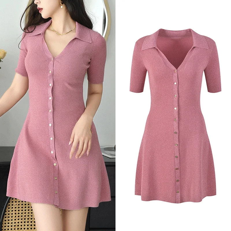 

Summer Slim Fit Ice Silk Knitted Dr ort Sve Collar V Ne Single Button ort Skirt Women's Faion Casual Dr