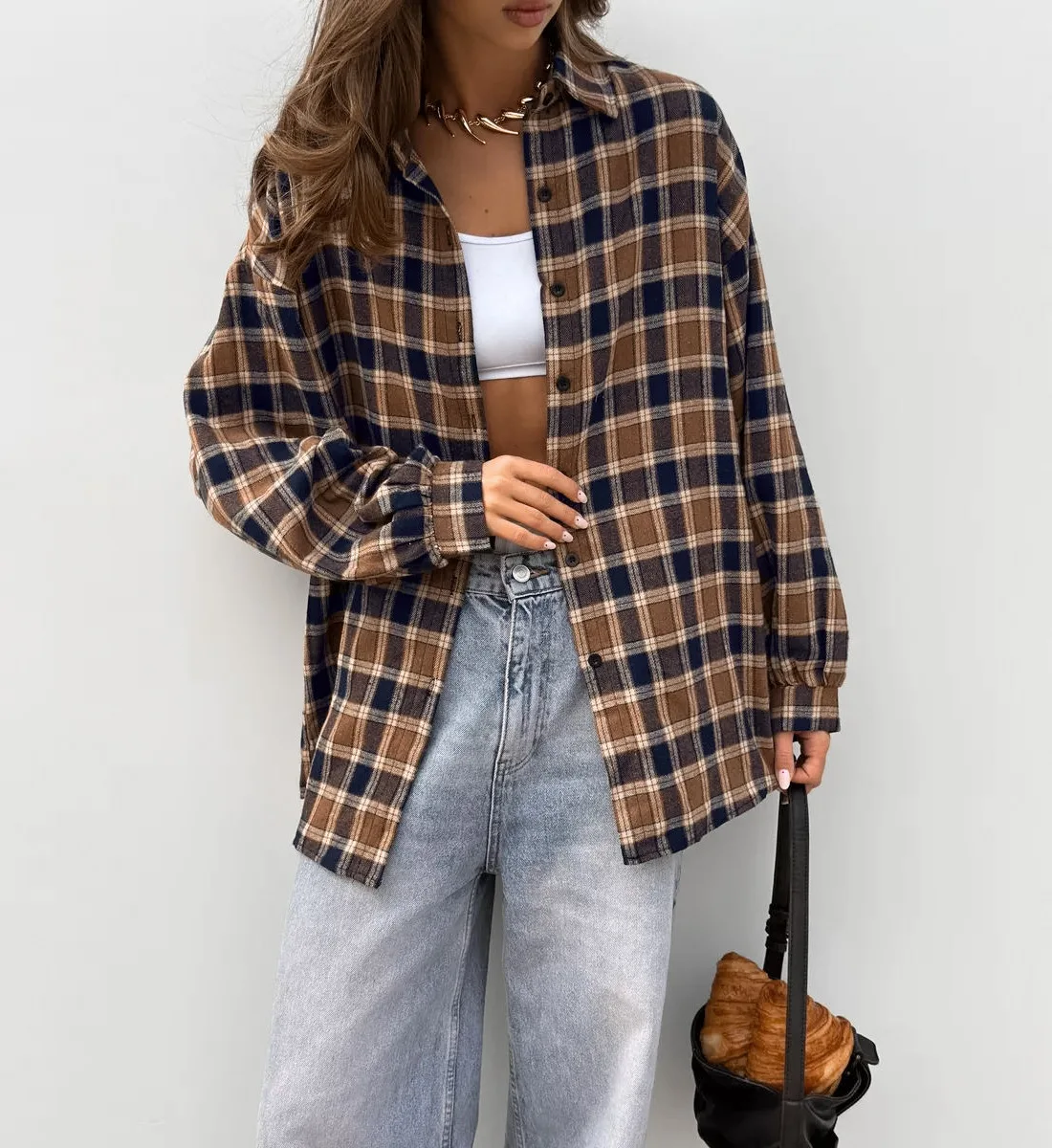 Luźna koszula w kratę dla kobiet, vintage brązowa bluzka z kołnierzykiem, zapinana na guziki, z długim rękawem, koszule biurowe, nowość na wiosnę 2025