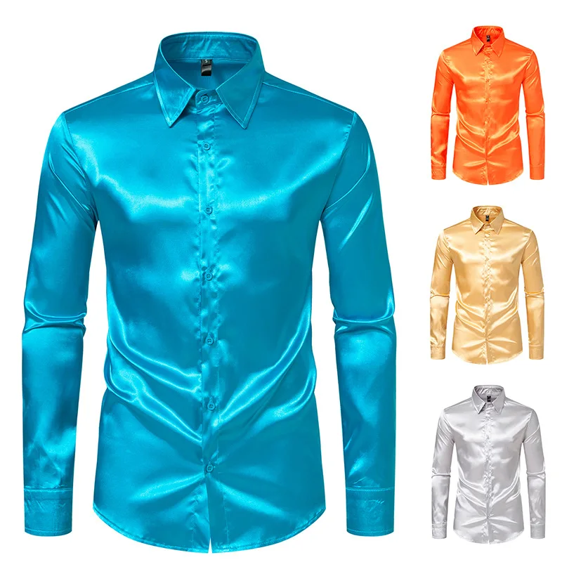 Spring and Autumn New Men's Satin Nightclub Solid Color Long Sleeve Shirt C30 Men Clothing  Shirt for Men