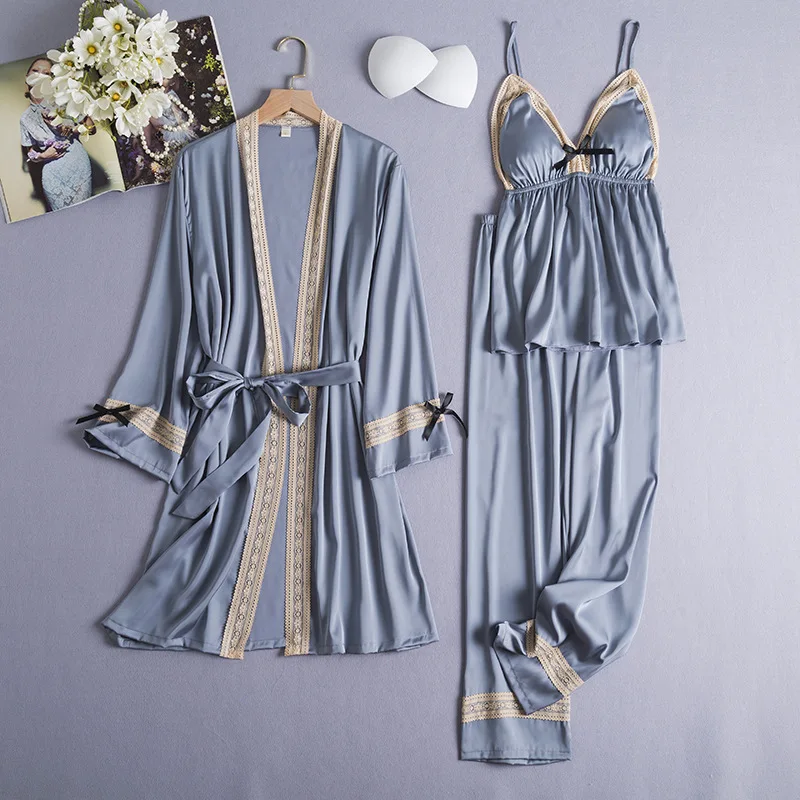 

3PCS Pajamas Set Lace Strap Sling Pants Sleep Suit Spring Satin V-Neck Sleepwear Nightwear Sexy Kimono Robe Gown Home Clothes