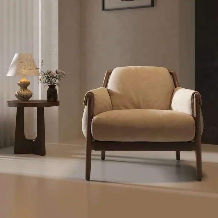 

Скандинавский ретро-диван из цельного дерева, кресло для отдыха, тихий ветер, балкон, гостиная, одно кресло для отдыха