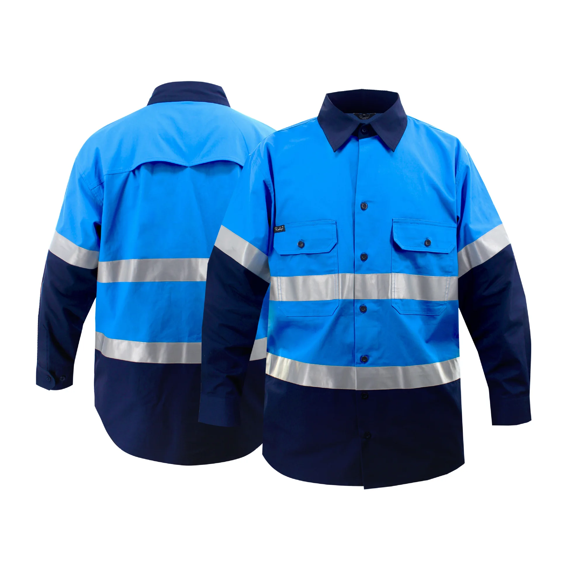 

Men's High Visibility Shirts With Hi Vis Reflective Tapes 100% Cotton Long Sleeve Workwear Contrast Color Blue Shirts Two Pocket