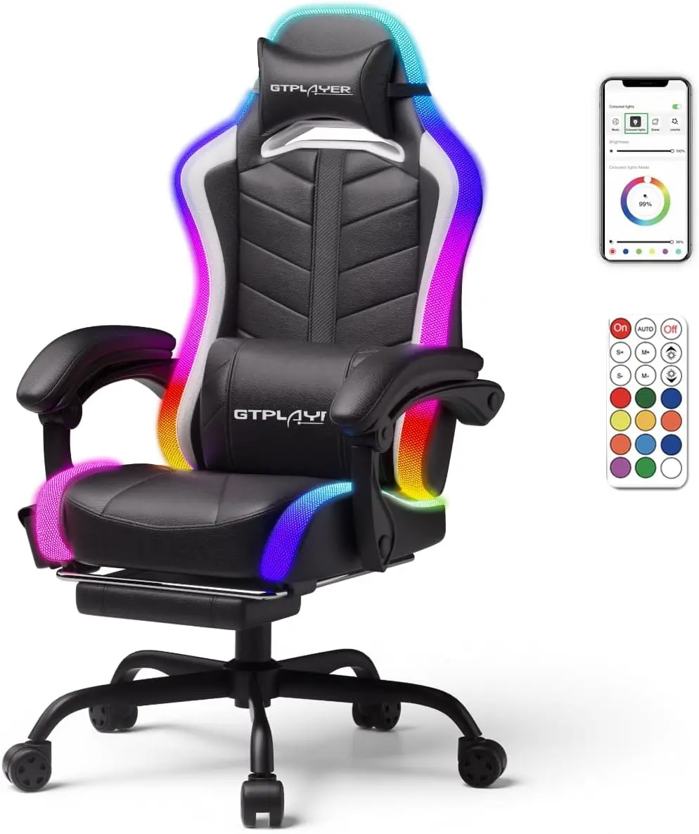 RGB LED Gaming Chair with Bluetooth Speakers, Ergonomic High Back Design, Adjustable Armrests & Footrest for Comfort — RGB