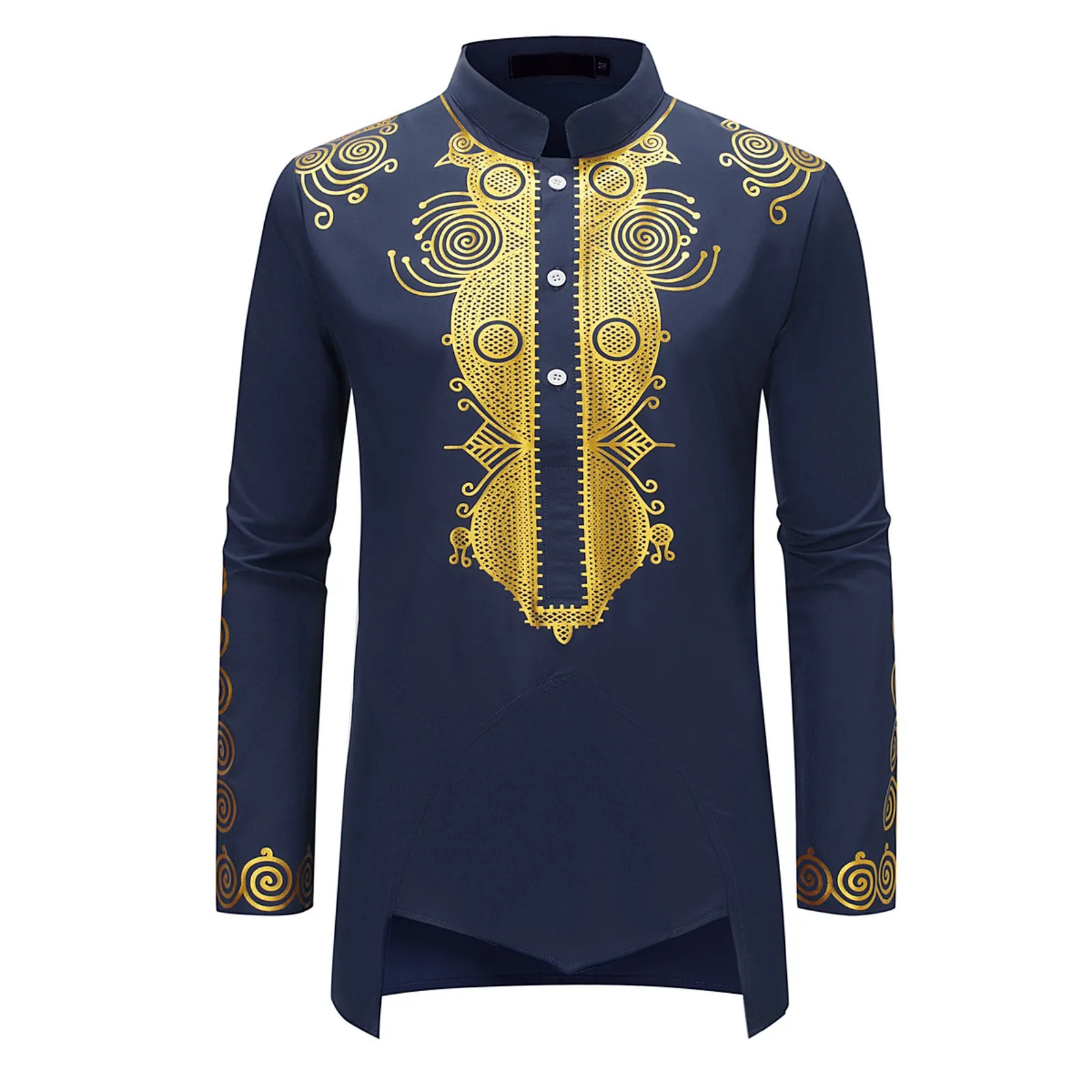 Camisa de comprimento médio com gola alta masculina, robe, islâmica, árabe, Abaya, estampa étnica dourada, gola alta, casual, moda jovem, roupas para homens muçulmanos, luxo, 2024