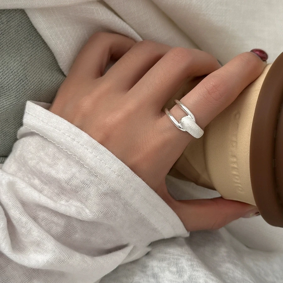 LIVVY Silver Color Scrub Geometric Adjustable Ring For Women Classic Trendy Minimalist Elegant Personality Birthday Jewelry Gift