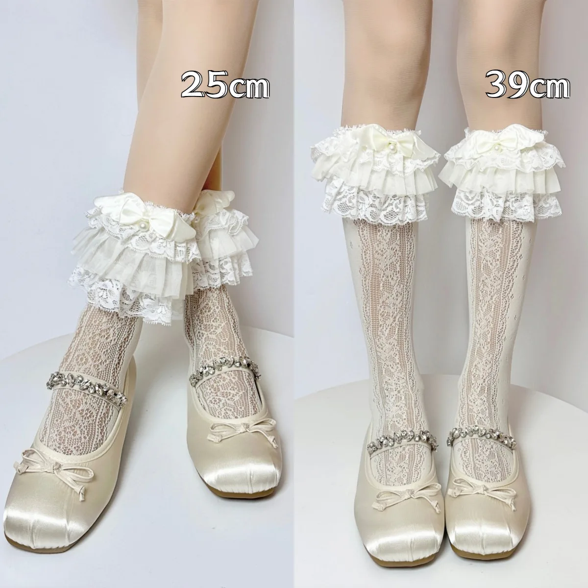 Japanese Lolita Lace Calf Socks Multi Layer Bow Stockings Cotton JK Long Stockings Vintage Gothic Palace Cosplay Accessories