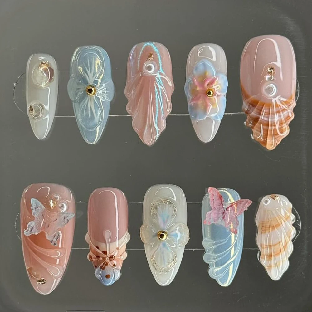 

Handwork 3D Gel Shell Flowers Press On Nails Art Almond Pearl Butterfly Romance Light Blue Pink Fake Nails Party Sticker Custom