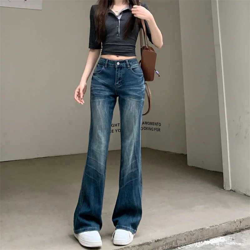 Korean Style Women Spring Autumn Slim Fit Flare Jeans Dark Blue Textured Wash Vintage Floor Length Pants