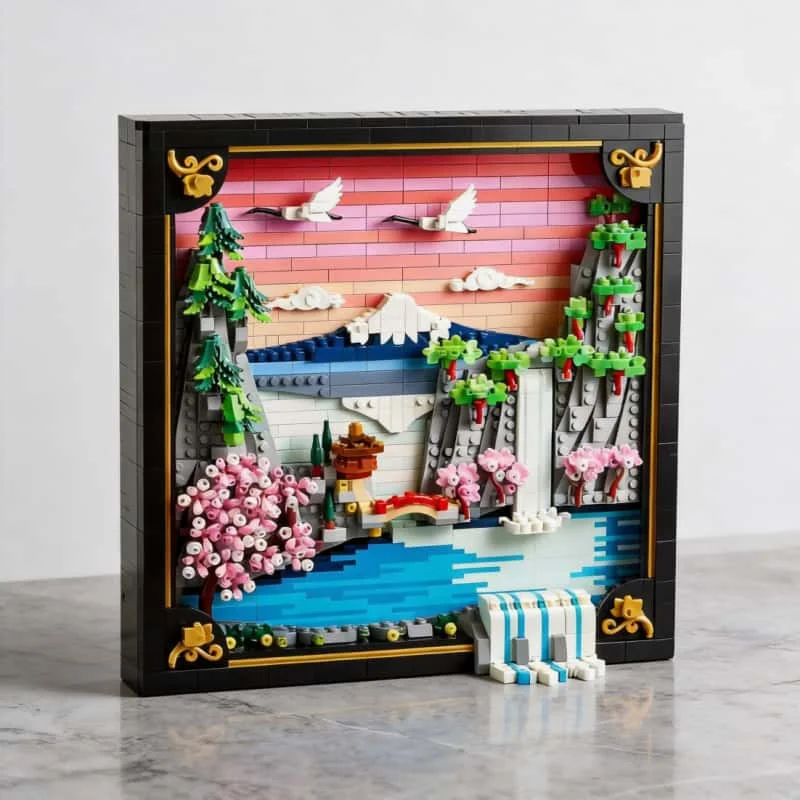 

2026 Art Nouveau Japanese Cherry Blossom landscape Model Building Blocks Decoration Painted Bricks Christmas Day Assembly Toys