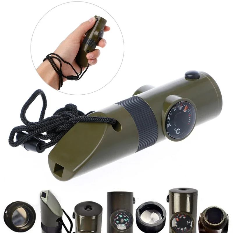 New 7 in 1 Field Survival Whistle Compass Thermometer Flashlight Magnifier Outdoor Multifunction Tools