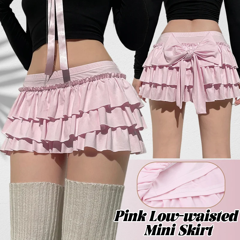 

Japanese Sweet Low Waist Mini Skirt Women Pink Back Bow Tiered Ruffle Skirts Cake Shorts Kawaii Lolita Style Multilayer Skirts