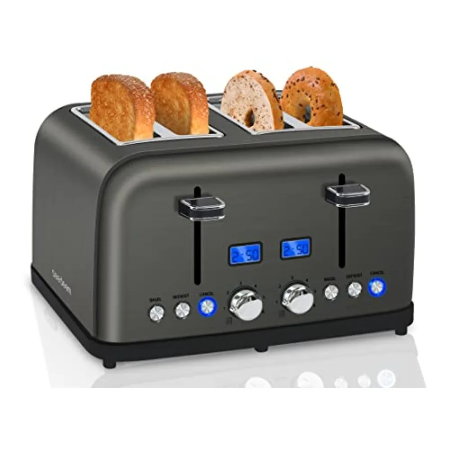 

4-Slice LCD Display Toaster with 6 Shade Settings 1.5'' Wide Slots Digital Stainless Steel Toaster for Bagel Defrost Reheat Dua