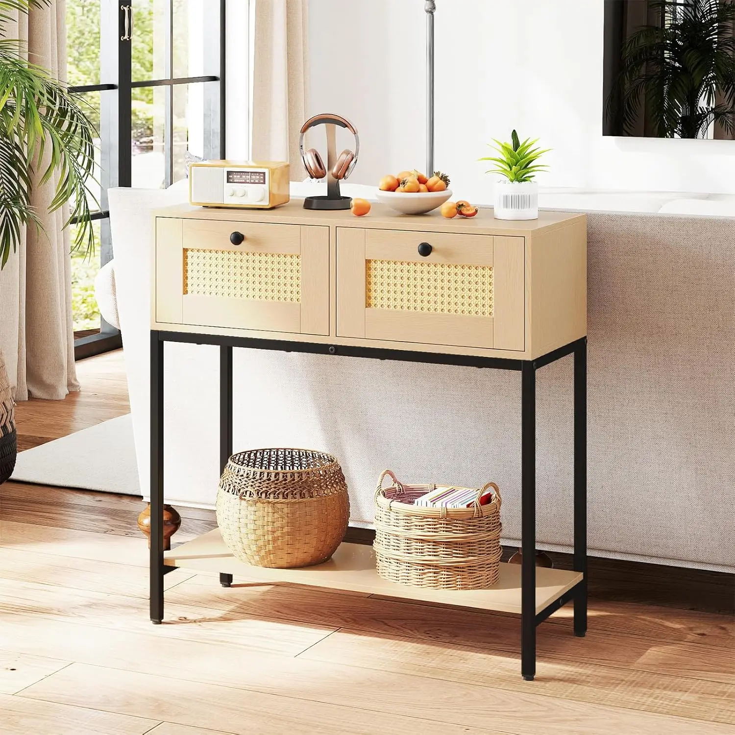 Boho Rattan Console Table 2 Drawers & Open Shelf, 32