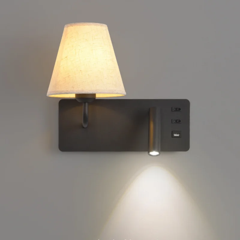 Modern Bedside Wall Lamp E27 LED Fabric Shade Sconce USB Port Independent Switches Rotatable Reading Spotlight Bedroom Hotel