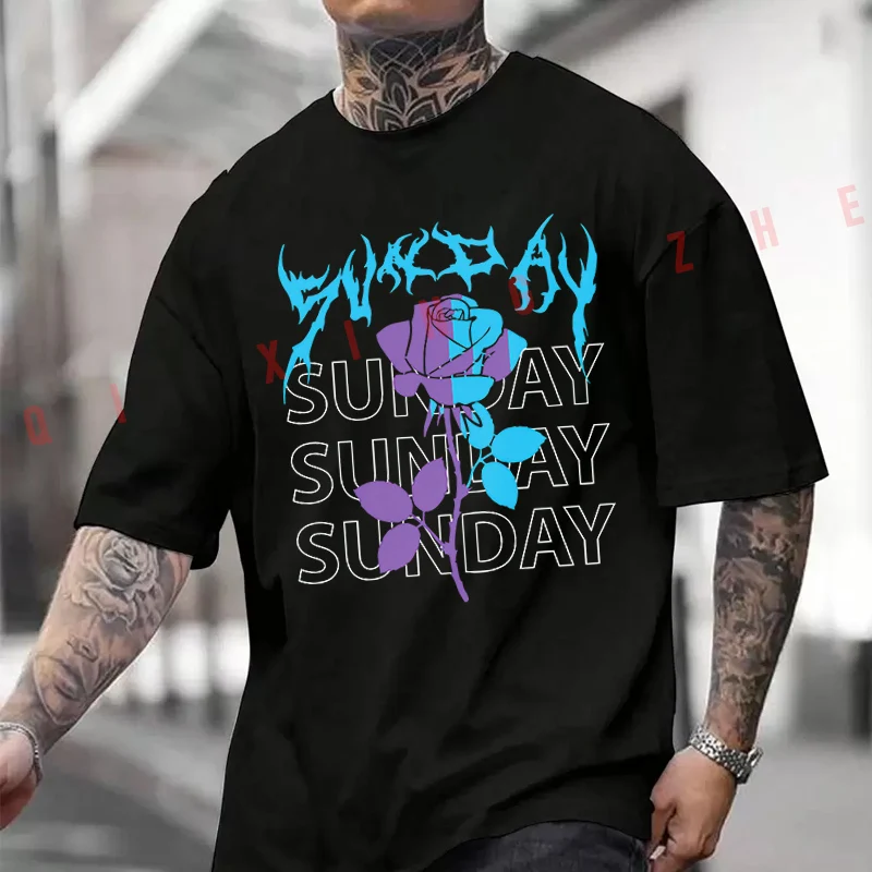 

Sunday Flower Design Motorcycle Printed T-Shirt Men's Fashion Short Sleeve Exquisite Design Essential Top Tees