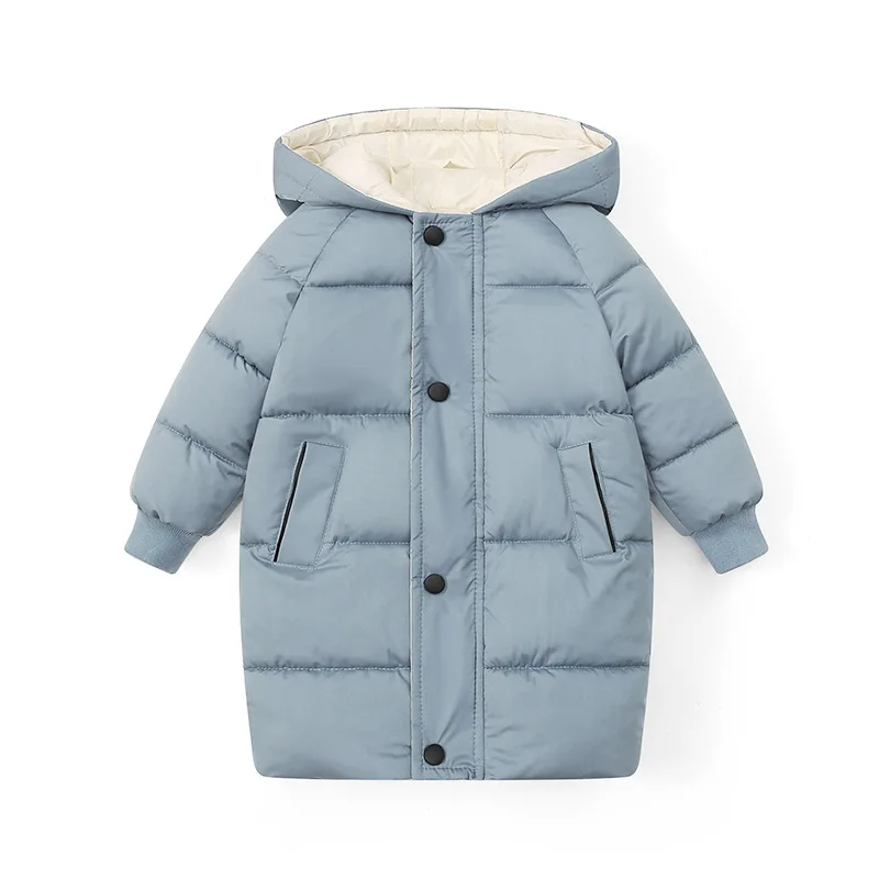 Winter Children Long Solid Color Cotton Jacket Boys Girls Outdoor Warm Windproof Coat Baby Hooded Soft Casual Wear Kids Campus