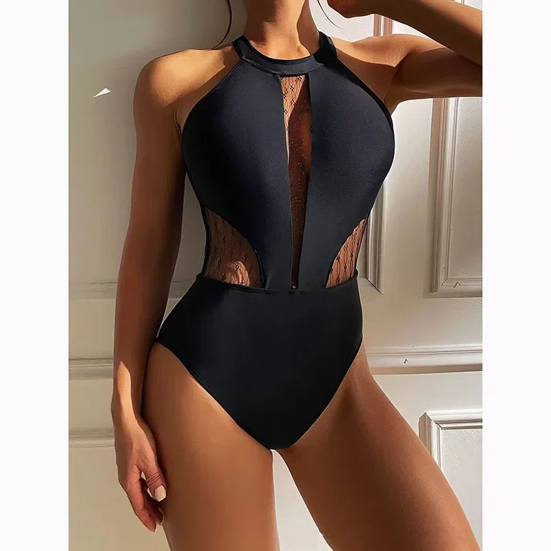 

Women New Sexy Beachwear One Piece Swimsuit Lace Splice Bodysuit Hollow Out Swimwear Bathing Suits