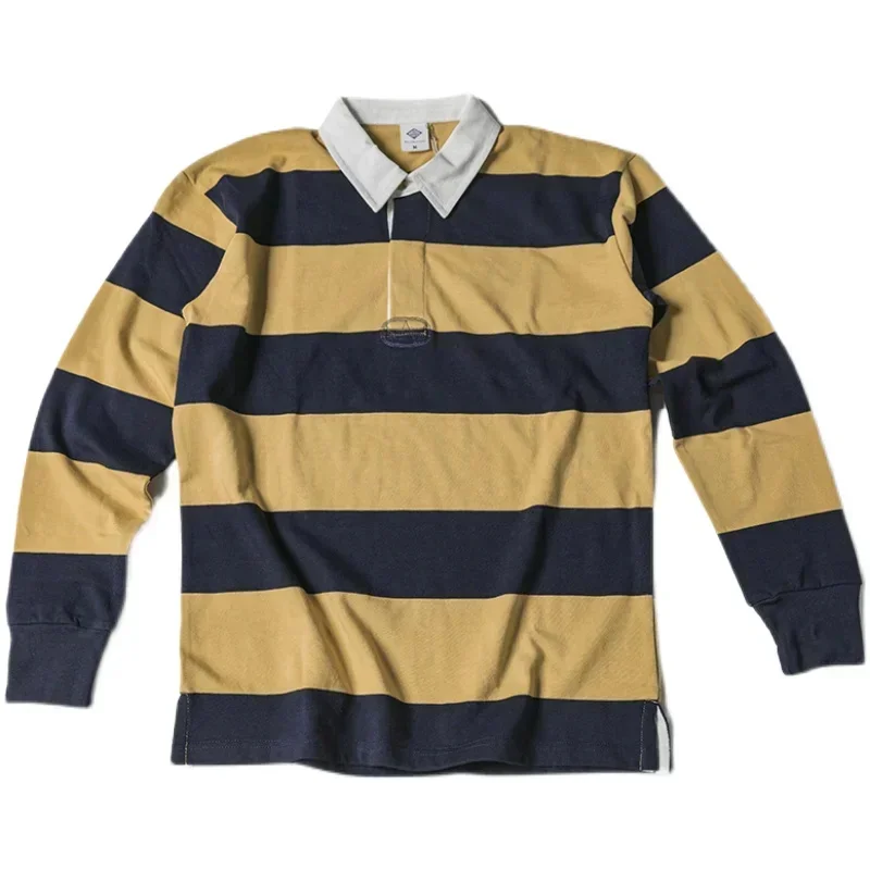 Camiseta polo a rayas de moda de Ivy League sin existencias, camiseta de manga larga estilo pijo retro para hombre