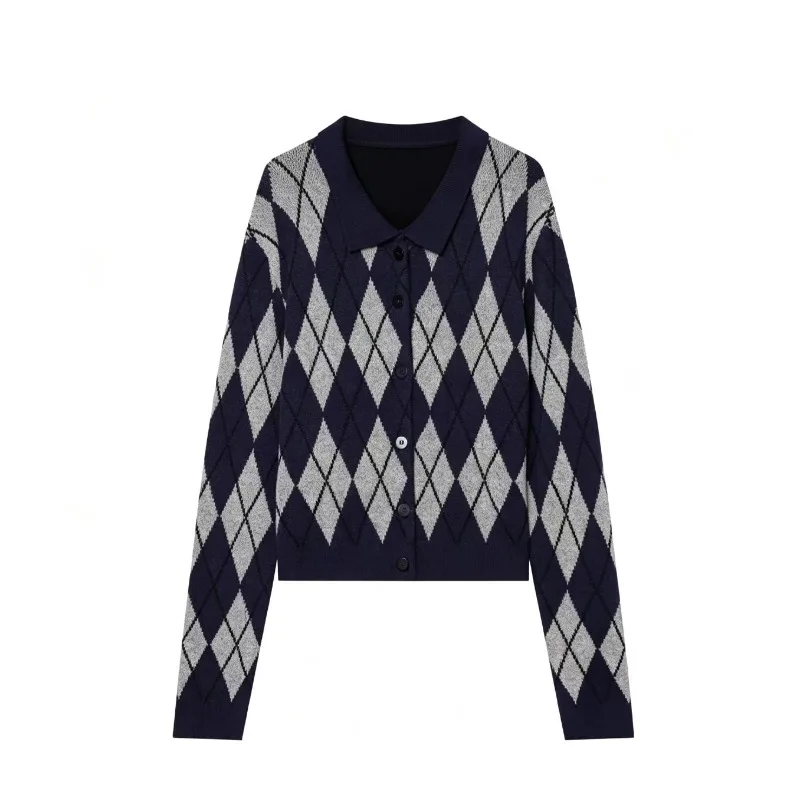Women Minimalist Style Long Sleeve Argyle Single Breasted Sweater Cardigan 2026 Autumn Winter New Preppy Casual Street Outerwear view 2