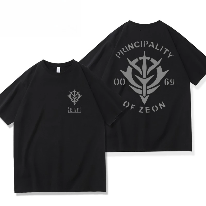 Principality of Zeon Logo T-Shirt, schwarzes T-Shirt im Gundam-Anime-Stil, lässige Streetwear für Männer, Frauen, Fans, Sommer-Baumwoll-T-Shirt
