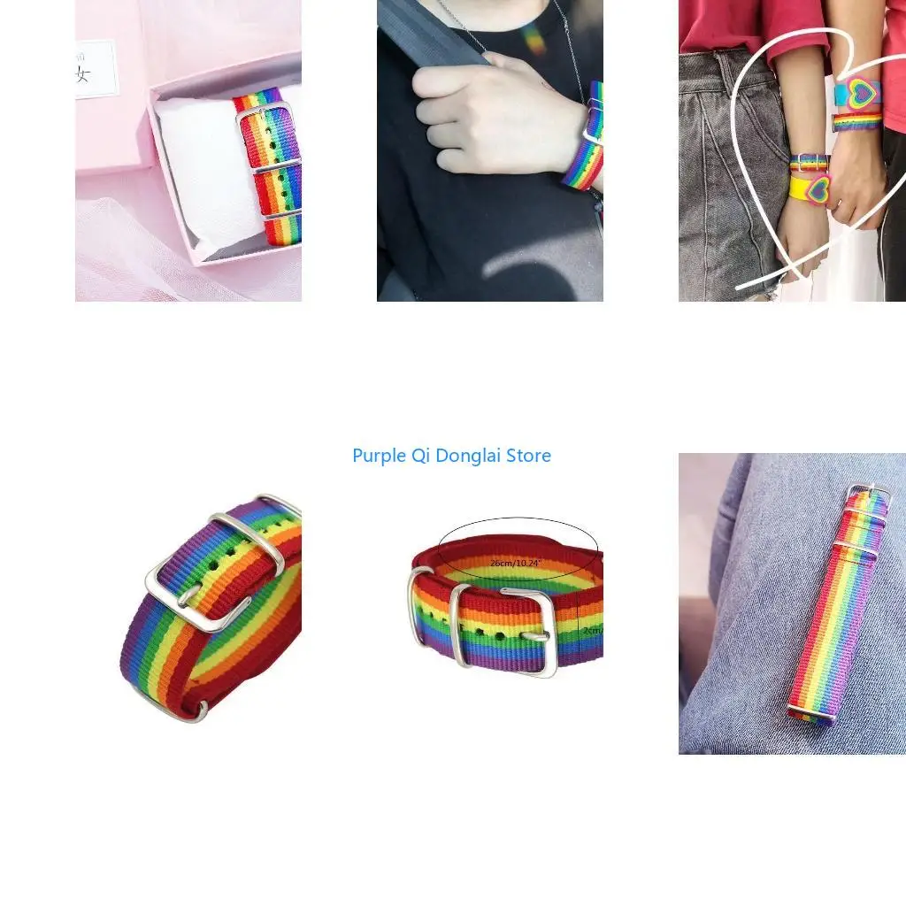 L21E Trendy Rainbow Stripe Canvas Woven Bracelet Nylon Adjustable Watch Loop Wristband Gifts for Men Women Friend Birthday