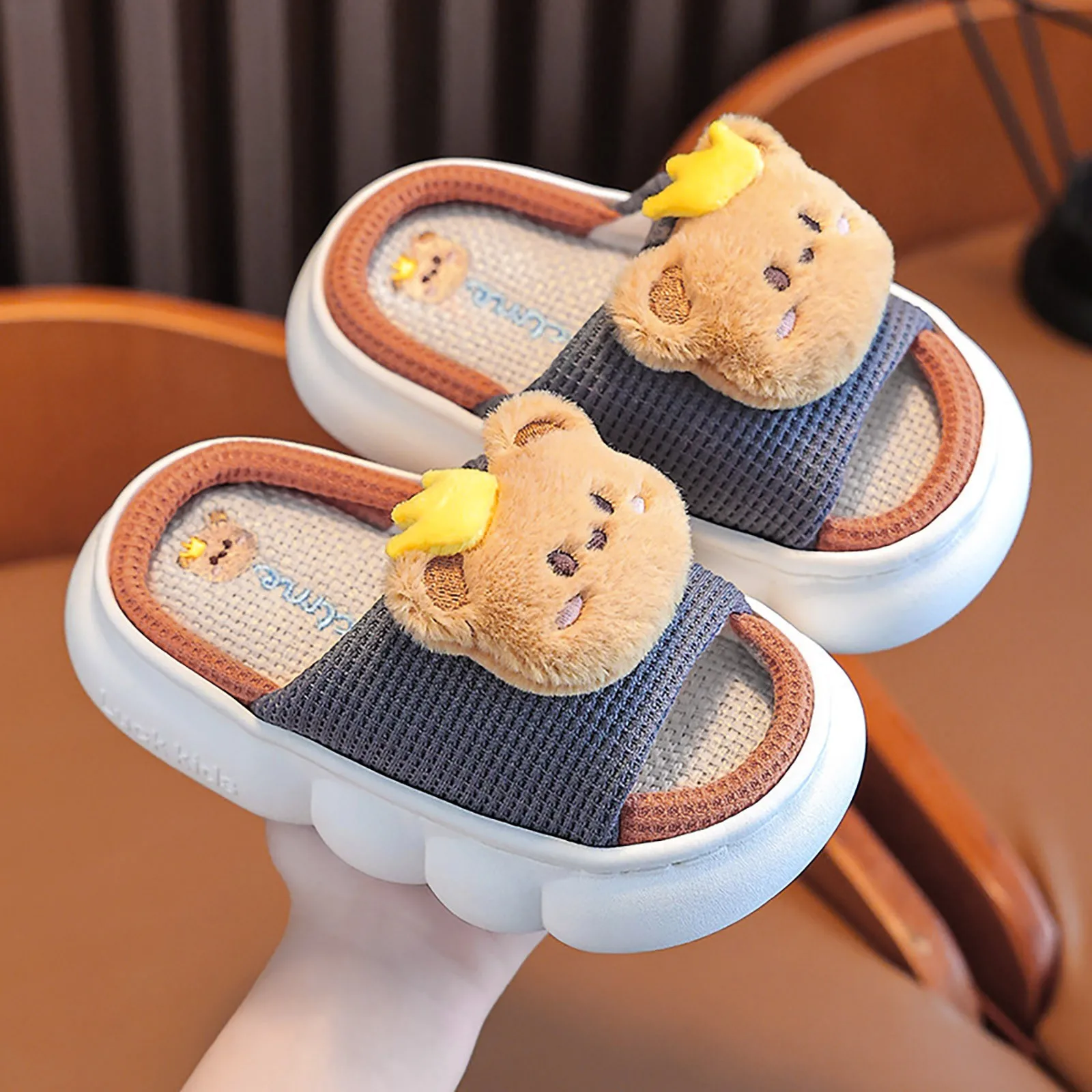 Cartoon Bear Children Four Seasons Slippers Cute Indoor Cotton Shoes For Boys Girls Toddler Open Toe Soft Sole Toddler Slippers