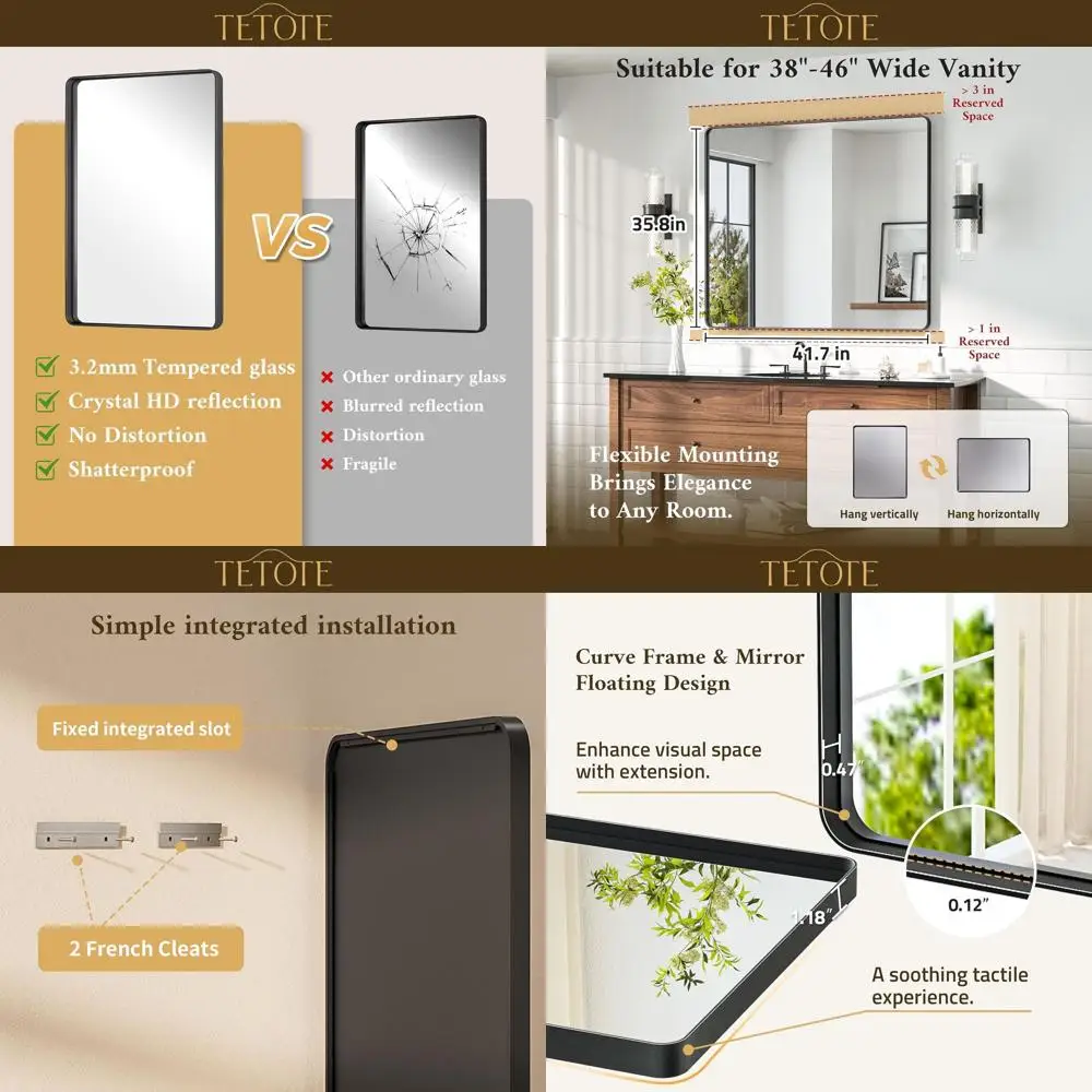 

Зеркало для ванной комнаты 36 x 42 дюйма, матовое черное, из закаленного стекла, настенное, для ванной, прихожей, спальни, гостиной (горизонтальное)
