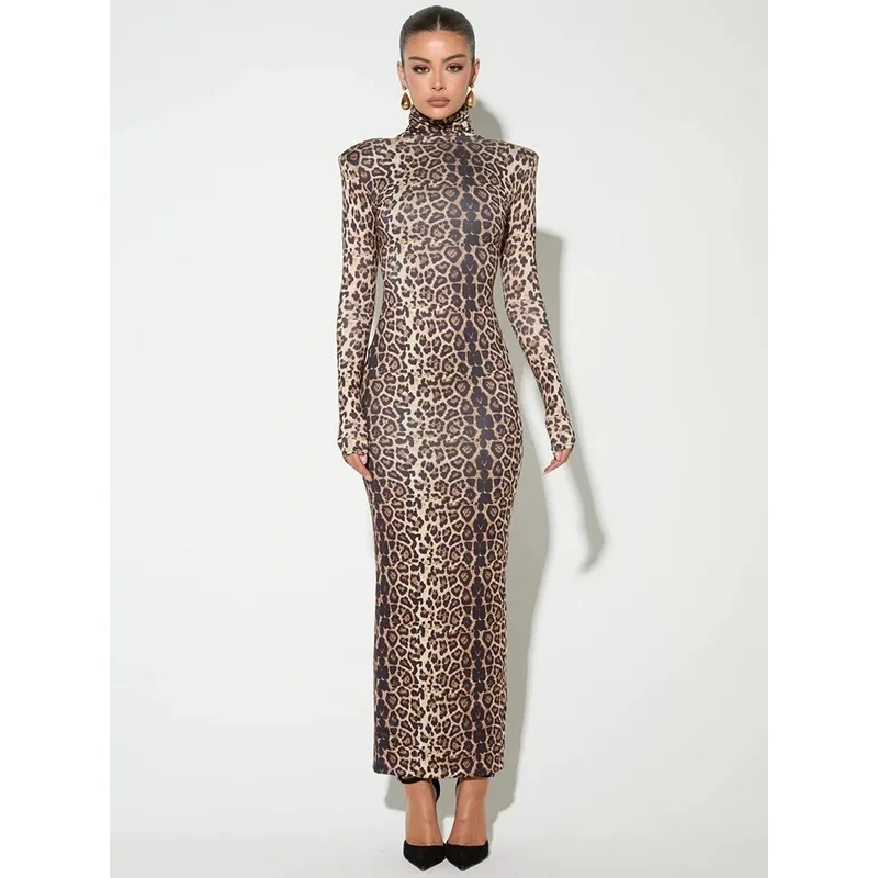Leopard Print Long Sleeve Sexy Maxi Dress For Women Autumn Winter Fashion Elegant Turtleneck Printed Bodycon Long Dress