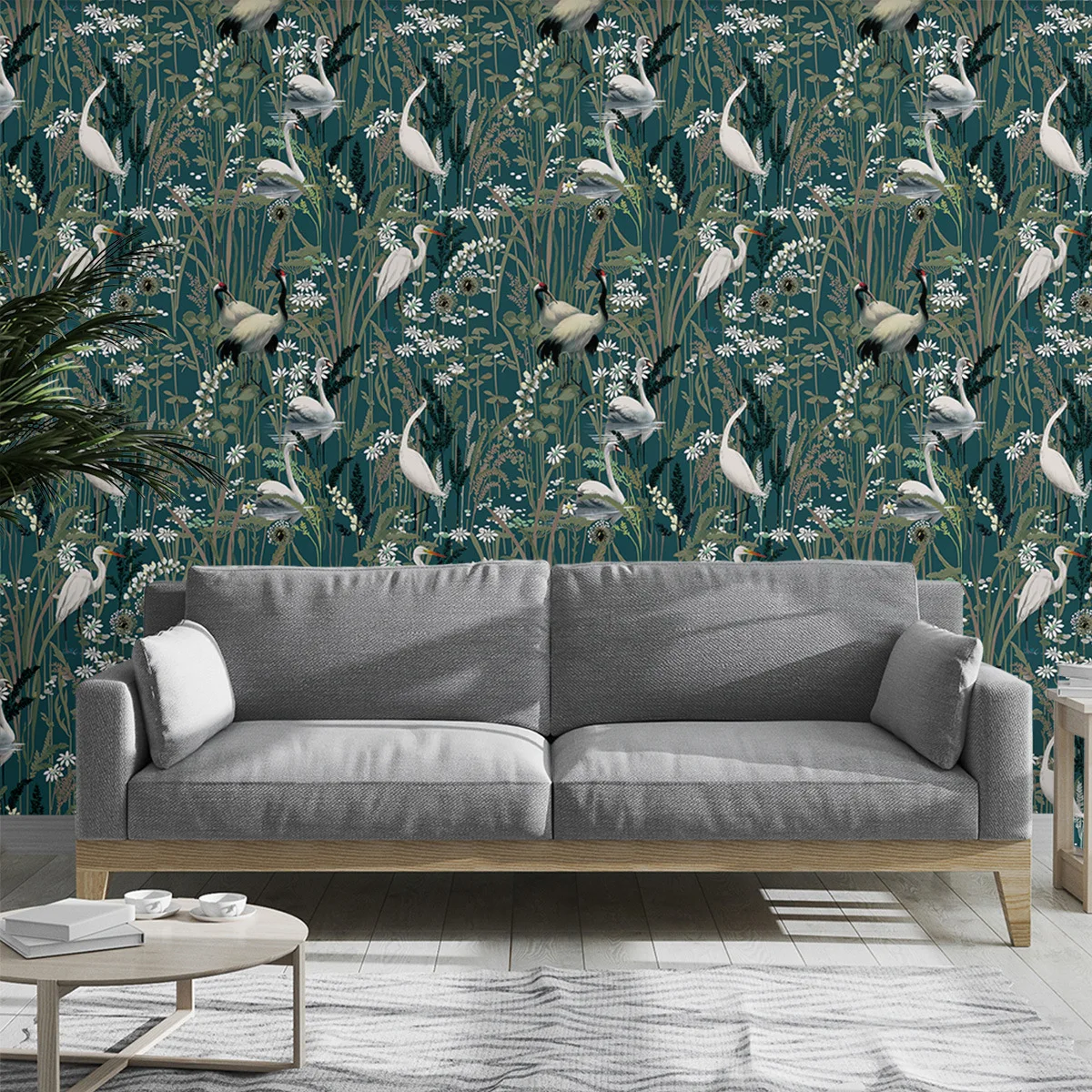 Custom Size Wall Mural Vintage Crane Wildflower plant Green Wallpaper Art For Living Room Bedroom Wall Decor painting