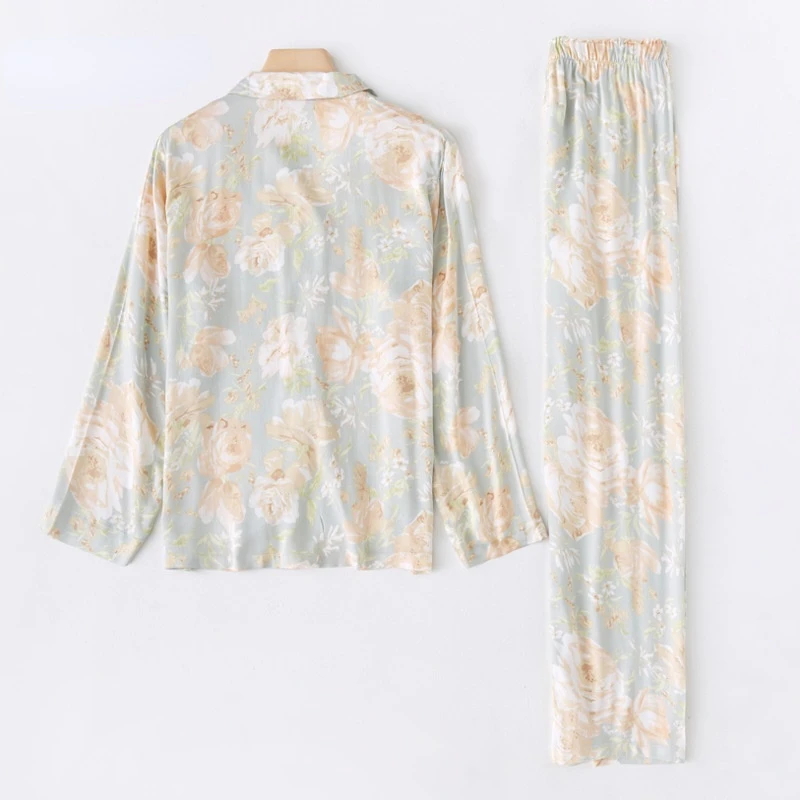 2021 Fresh Green Flowers Pajamas Women Long-sleeved Trouser Suits Viscose Thin Two Piece Set Spring Lapel Sleepwear Home Clothes