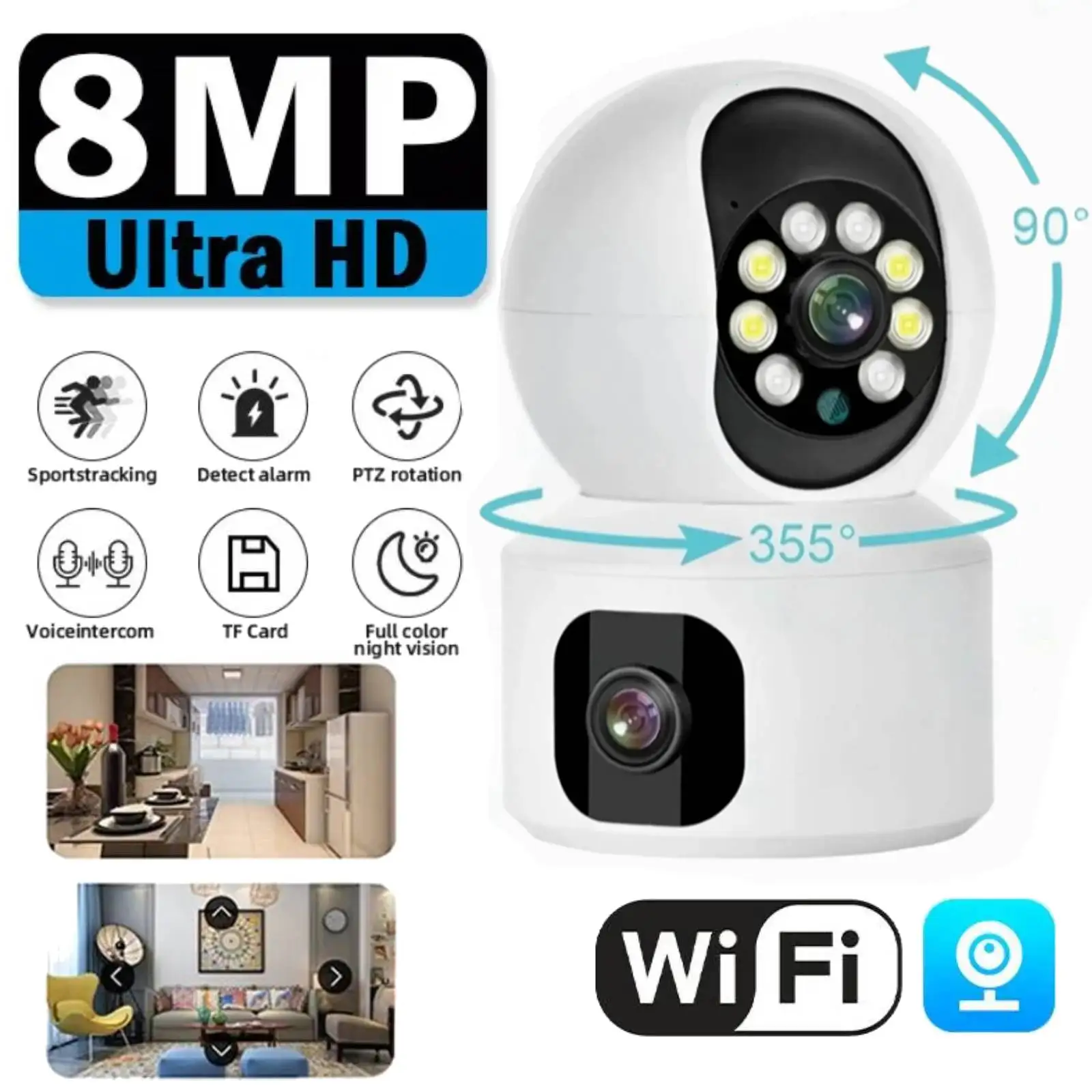 

8MP 4K WiFi Camera Dual Screen Surveillance Auto Tracking Two-way Audio CCTV HD Color Night Vision Monitor Indoor PTZ Smart Cam