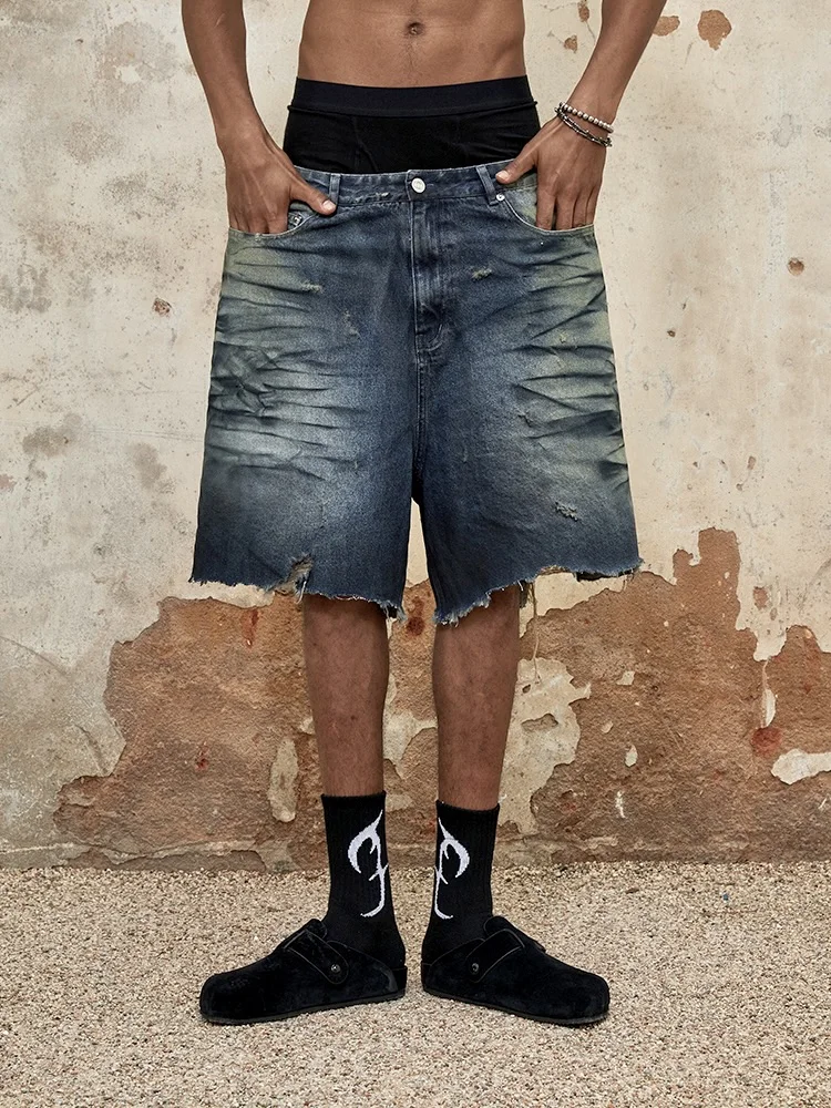 e Project 24SS Casual Loose Fit Blue Denim orts Waed out Hand-Painted Deconstructed Design Youth Summer Wear