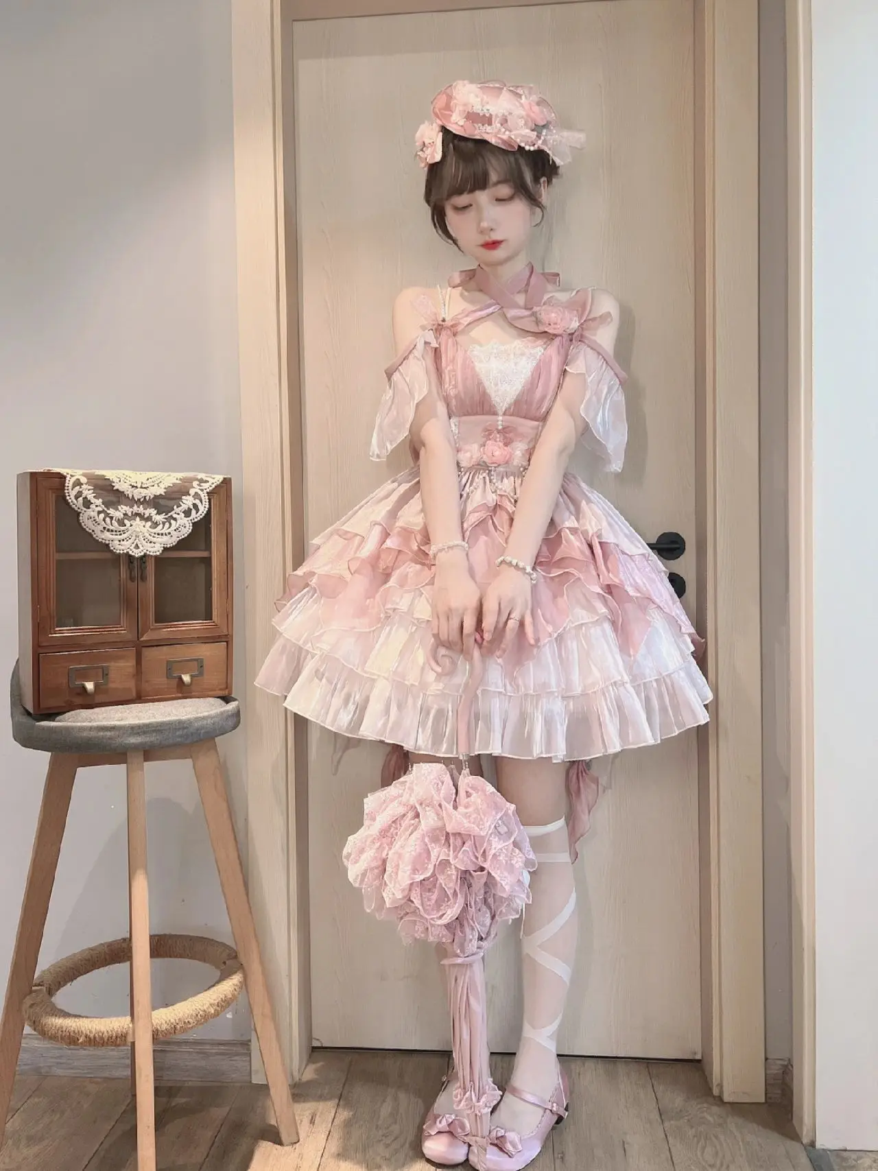 Pink Flower Wedding Lolita Dress Jsk Gorgeous Elegant Escape Princess Sweet Hurdleneck Birthday Party Dress For Young Girls