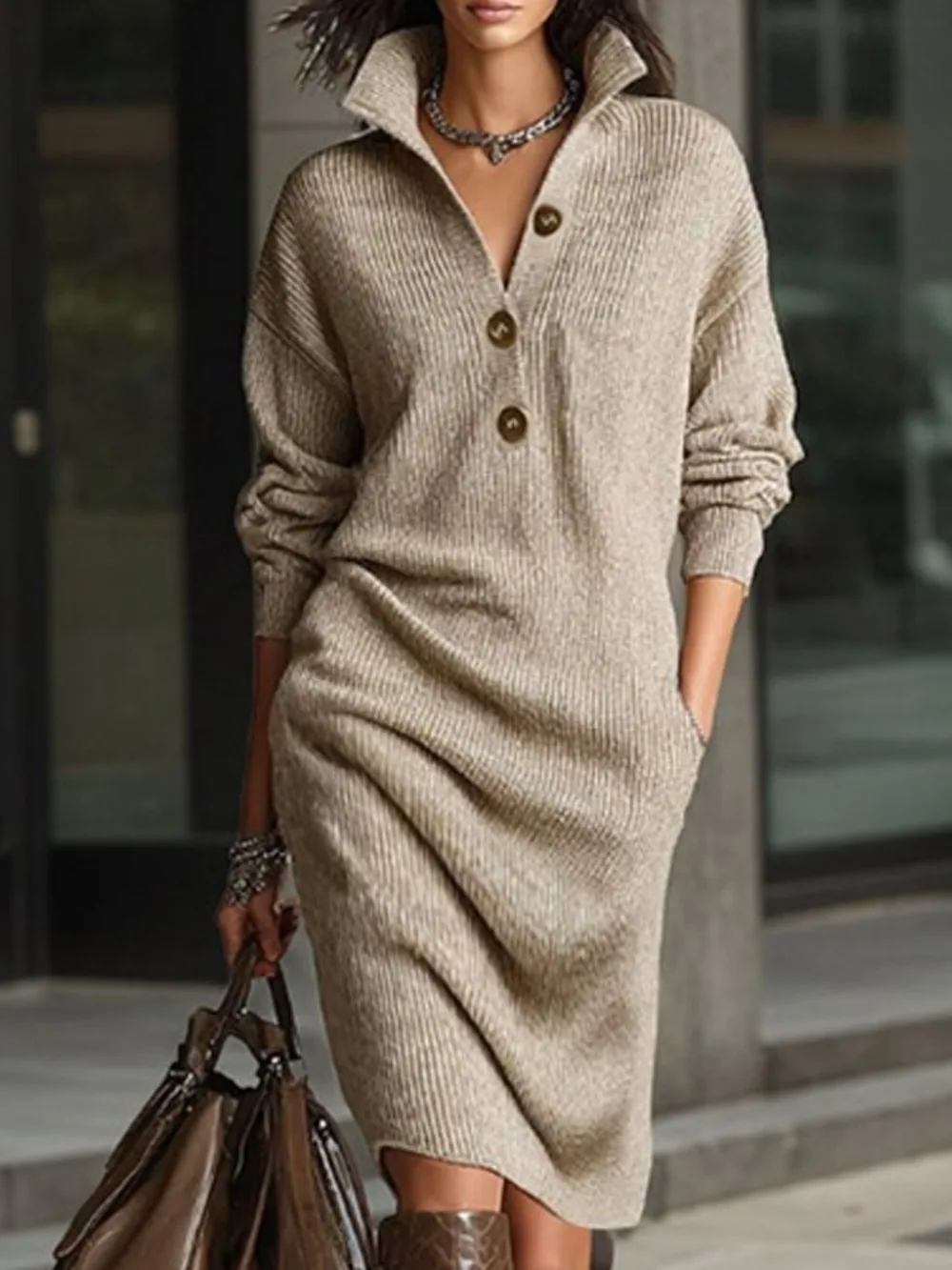 Damen Strickkleid in Midi-Länge mit Stehkragen, Halber Knopfleiste, Langen Ärmeln, Locker Geschnitten, Gerade Form, Lässig für Herbst und Winter