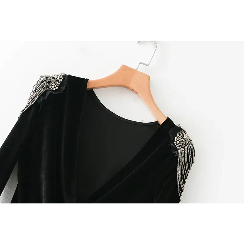 Vrouwen Sexy Cross V-hals Fluwelen Bodysuit Shirt Vrouwen Schouder Kralen Chic Siamese Blouse Retro Playsuits Femininas Blusas