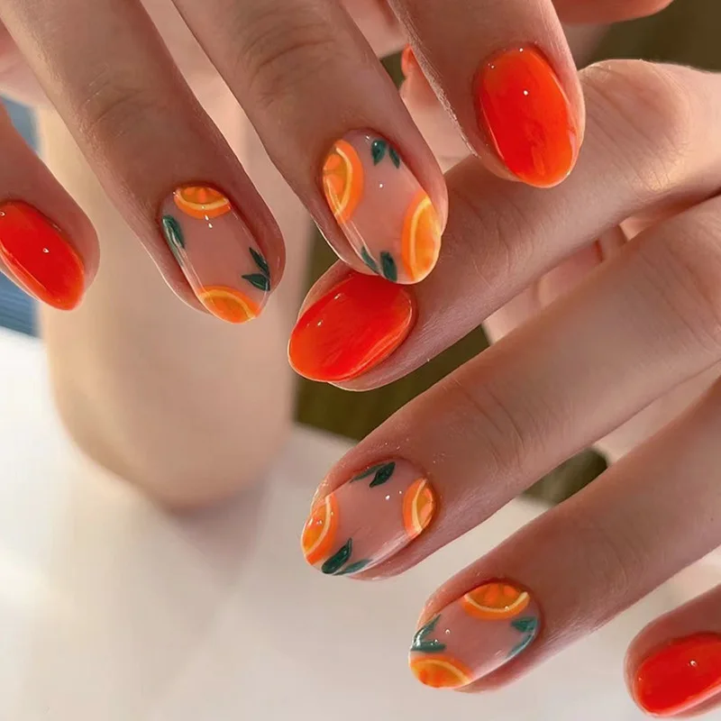 Faux ongles courts et ovales avec colle, 24 pièces, orange, coréen, avec design, plage, presse, ensemble complet d'outils, été