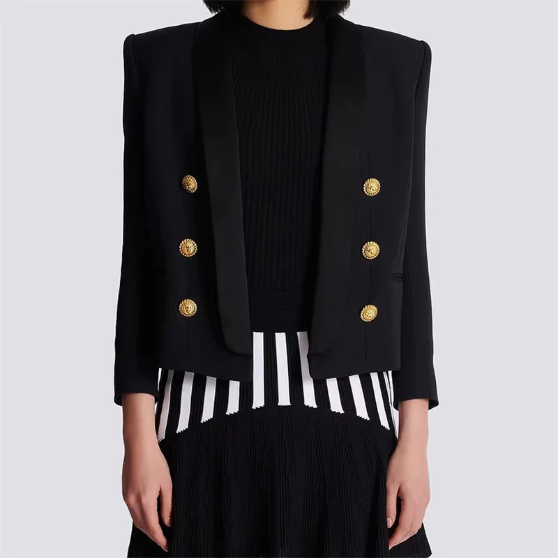 

Women's jacket 2024 Autumn New outerwears Fashion Splicing Collar Women's suit jacket Double breasted slim long sleeved top coat