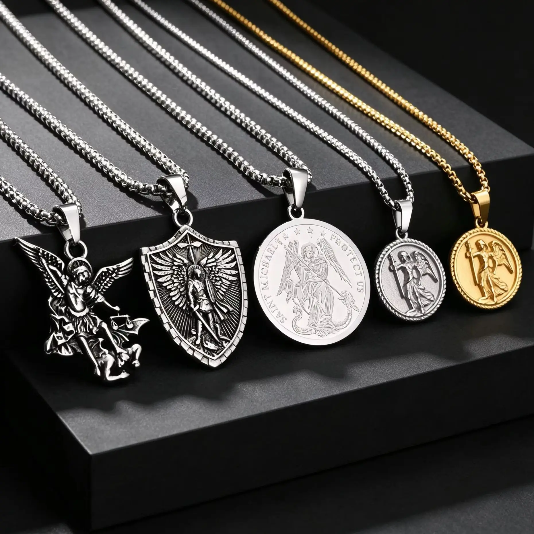 St. Michael Archangel Round Coin Pendant Necklace, Stainless Steel Medal Angel Charm Necklace, Retro Christian Jewelry Accessory